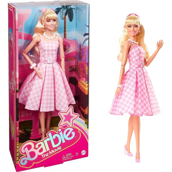 Barbie The Movie Doll Wearing Pink and White Gingham Dress with Daisy Chain